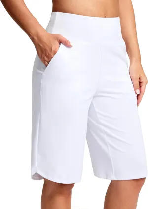 SANTINY 12" Long Bermuda Shorts for Women Knee Length with Pockets High Waisted Stretch Shorts for Summer Walking