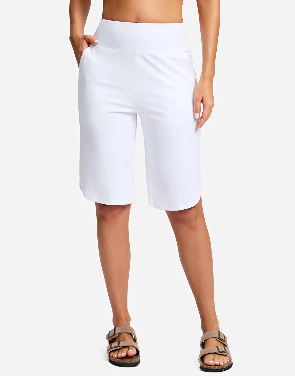 SANTINY 12" Long Bermuda Shorts for Women Knee Length with Pockets High Waisted Stretch Shorts for Summer Walking