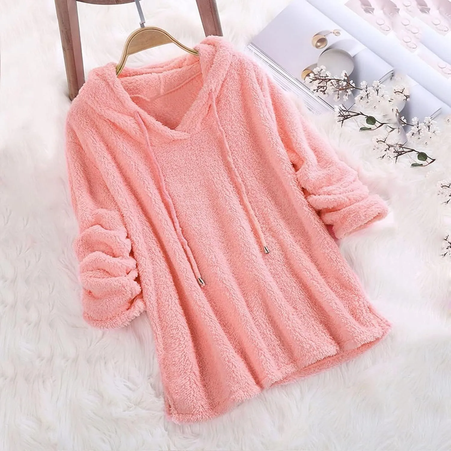 Sherpa Hoodies for Women Oversized Long Sleeve Fuzzy Fleece Sweatshirt Winter Warm Pullover Sweater Pajama Tops