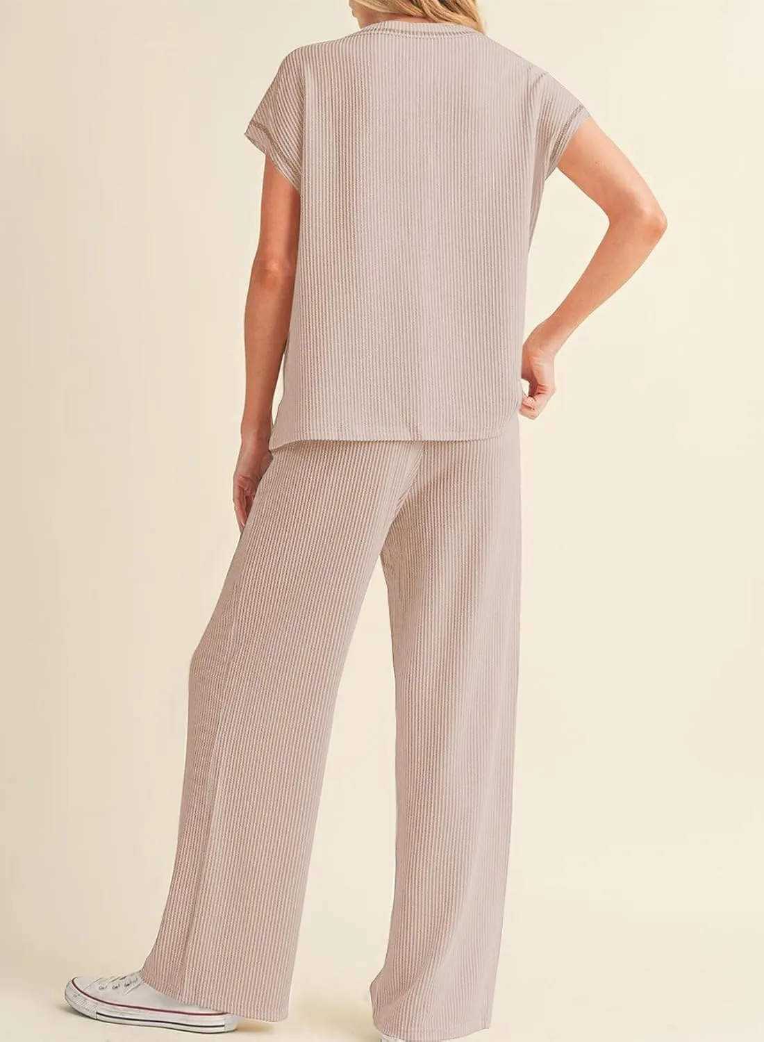 SHEWIN Women's 2 Piece Outfits Lounge Sets Casual Cap Sleeve Pullover Tops Matching Drawstring Wide Leg Pants Tracksuit Set