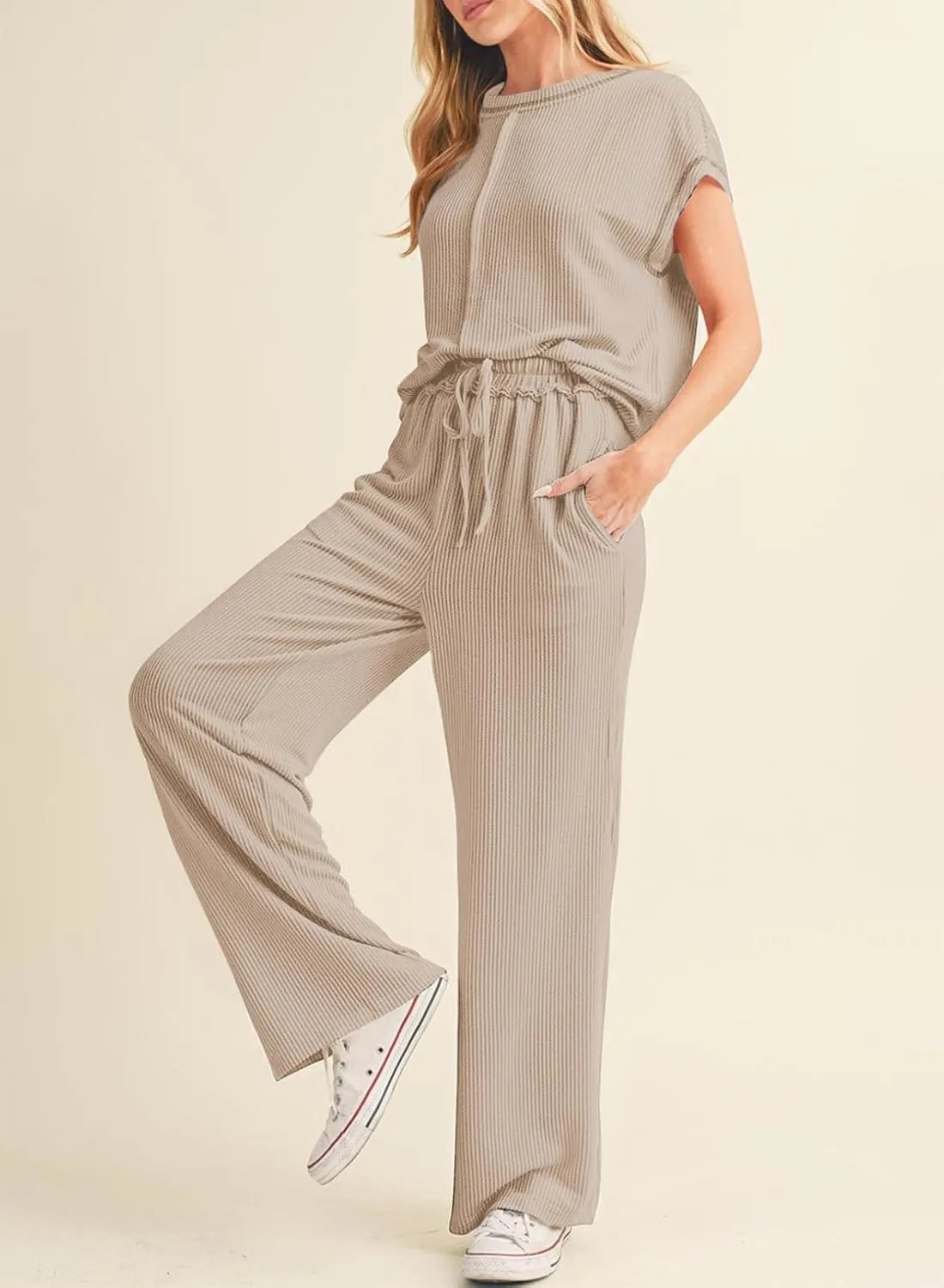 SHEWIN Women's 2 Piece Outfits Lounge Sets Casual Cap Sleeve Pullover Tops Matching Drawstring Wide Leg Pants Tracksuit Set