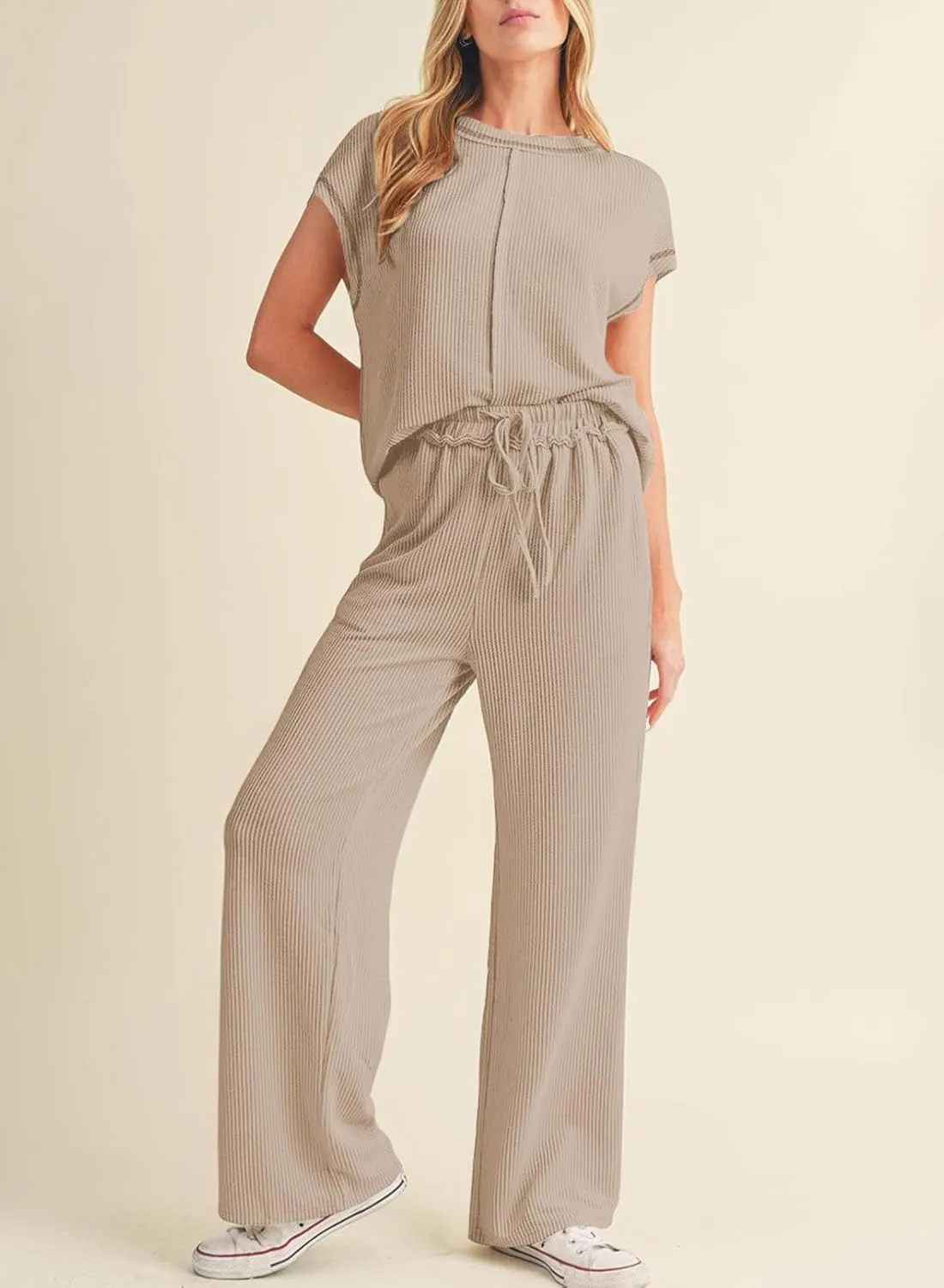 SHEWIN Women's 2 Piece Outfits Lounge Sets Casual Cap Sleeve Pullover Tops Matching Drawstring Wide Leg Pants Tracksuit Set