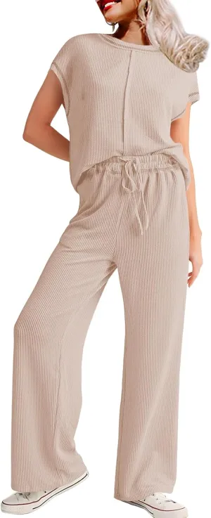 SHEWIN Women's 2 Piece Outfits Lounge Sets Casual Cap Sleeve Pullover Tops Matching Drawstring Wide Leg Pants Tracksuit Set