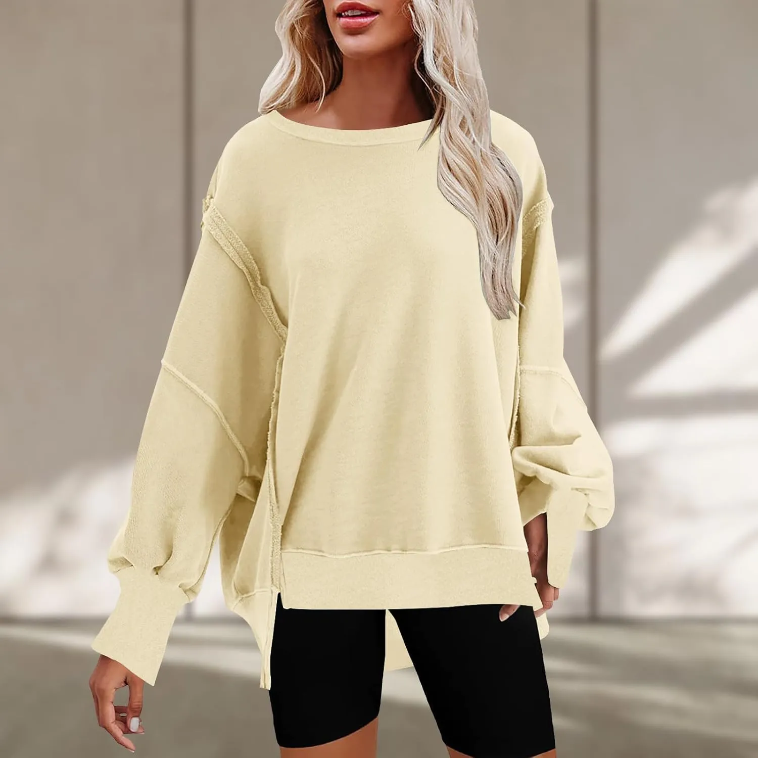 SMIDOW Womens Oversized Crewneck Sweatshirts Hoodies Fall 2023 Fashion Warm Y2k Clothes Casual Slit Sloucthy Pullover Tops