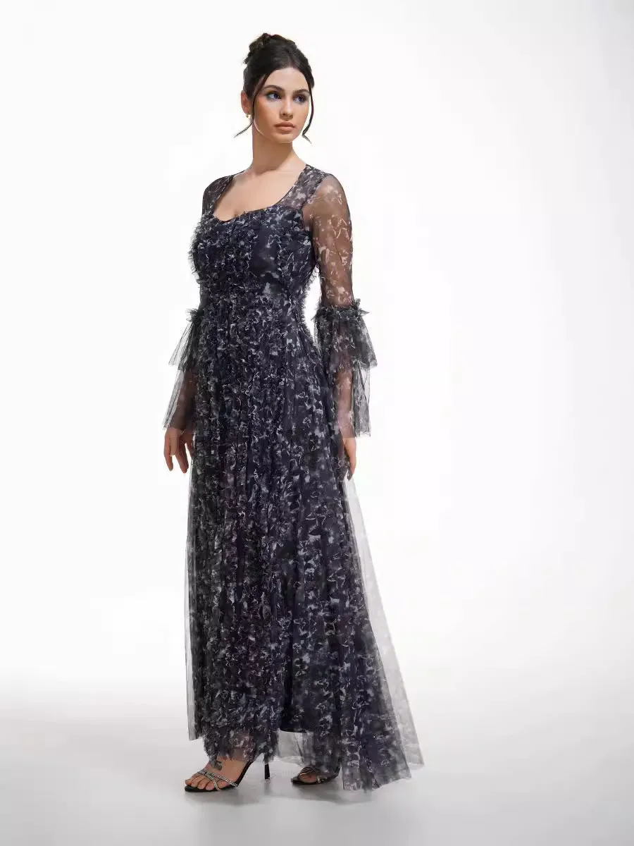 Sparkly Black Illusion Flared Sleeves Floral Long Prom Dresses