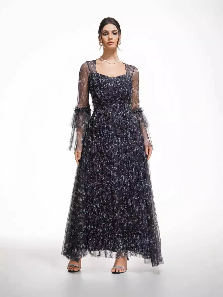 Sparkly Black Illusion Flared Sleeves Floral Long Prom Dresses