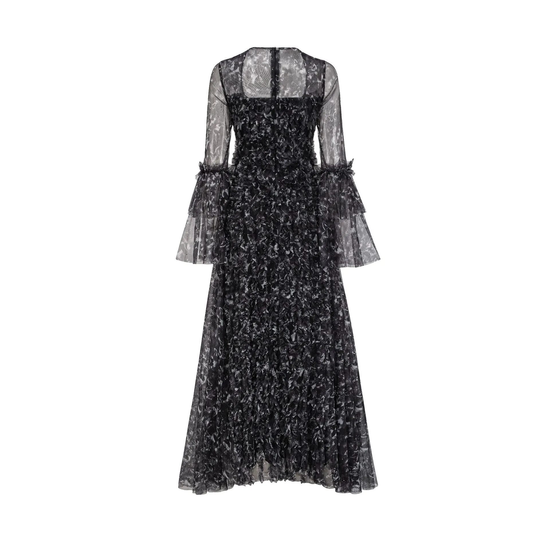 Sparkly Black Illusion Flared Sleeves Floral Long Prom Dresses