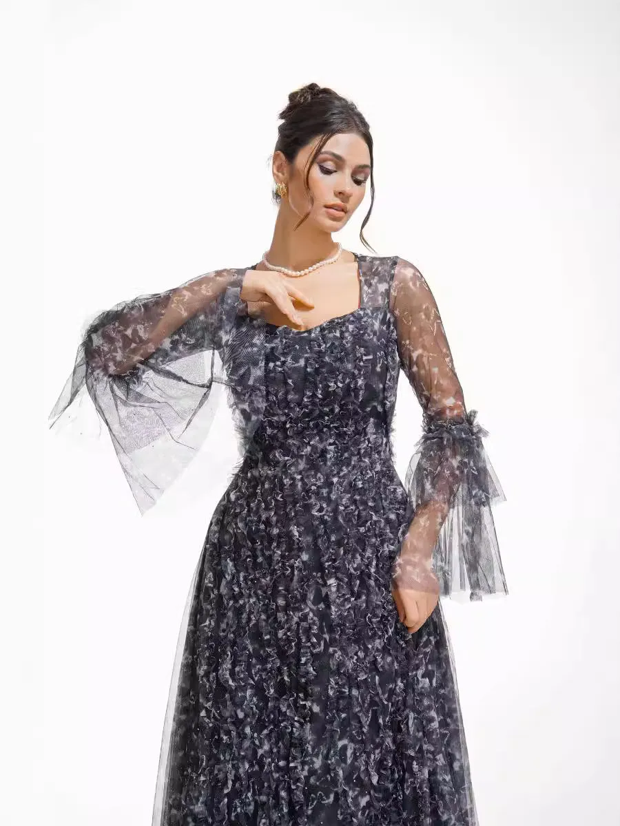 Sparkly Black Illusion Flared Sleeves Floral Long Prom Dresses
