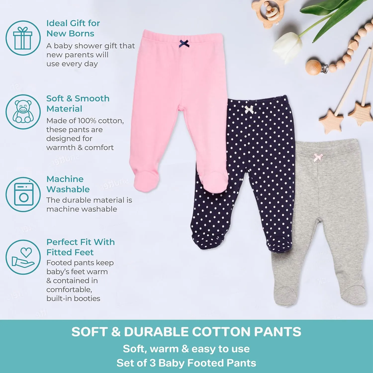 Spasilk Baby Girls 3 Pack Cotton Pull on Footed Pants