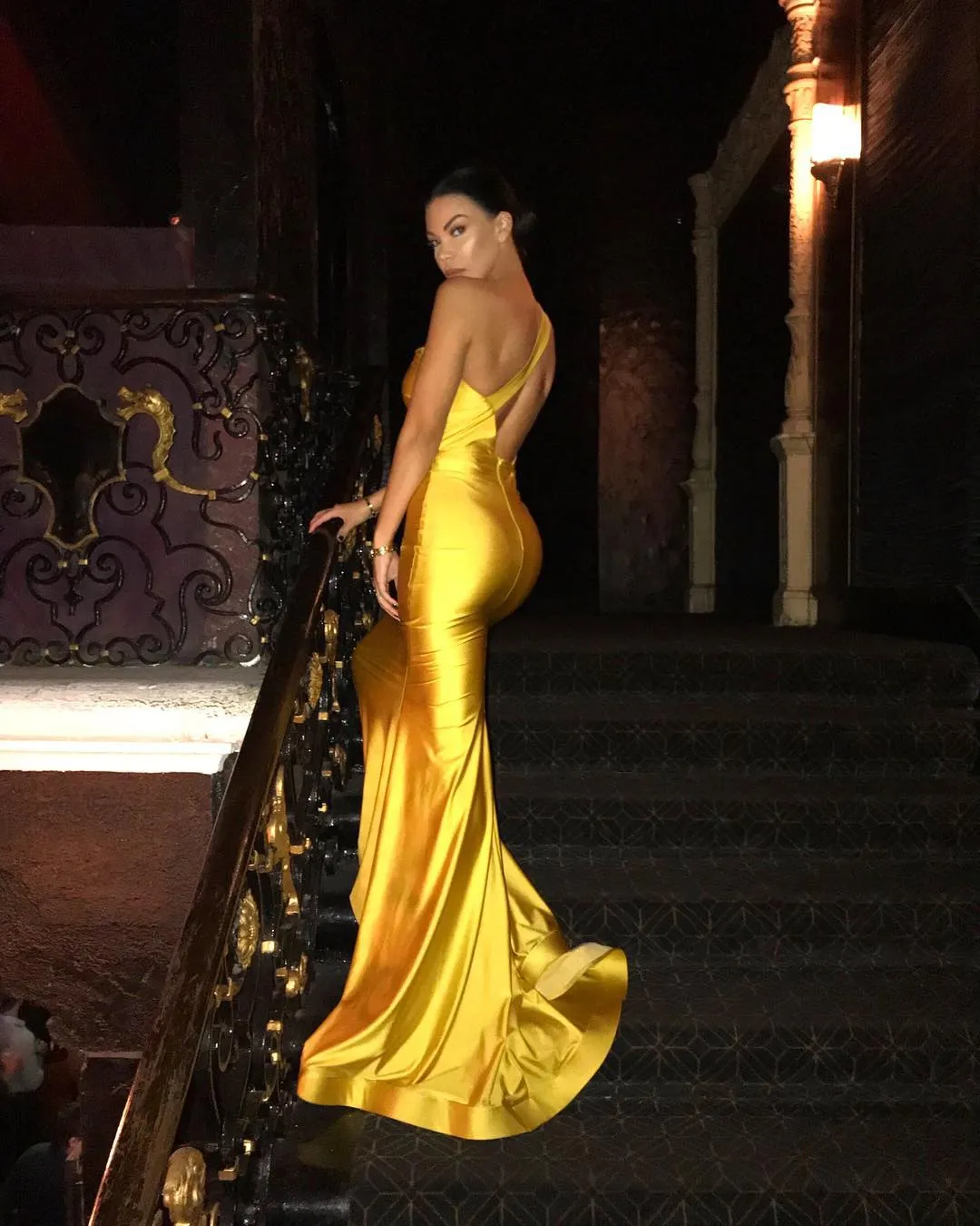 Stunning One-shoulder Mermaid Sleeveless Evening Gown | Yellow Sweep Train Zipper Prom Dress BC1112