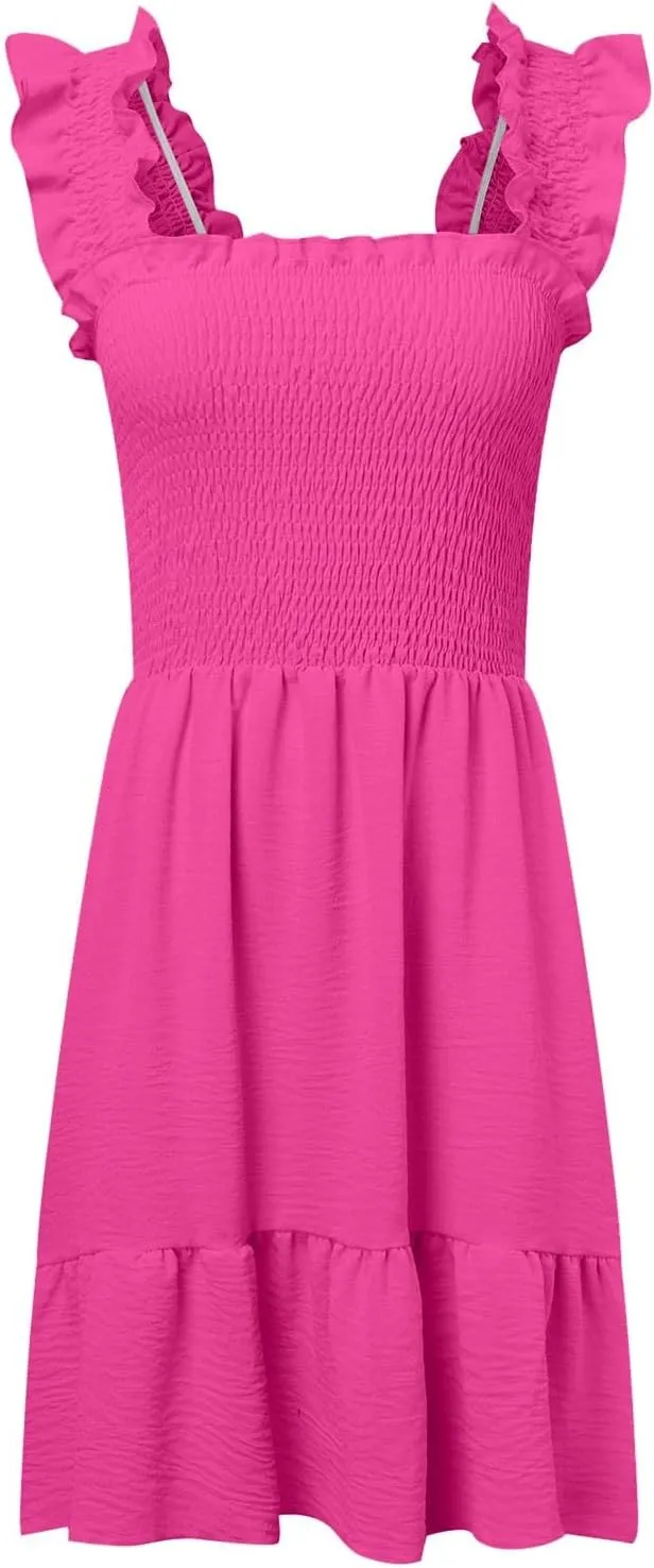 Summer Dresses for Women, Women's Casual Square Neck Ruffle Sleeve Bohemian Smocked A Line Swing Mini Dress Party Sundresses