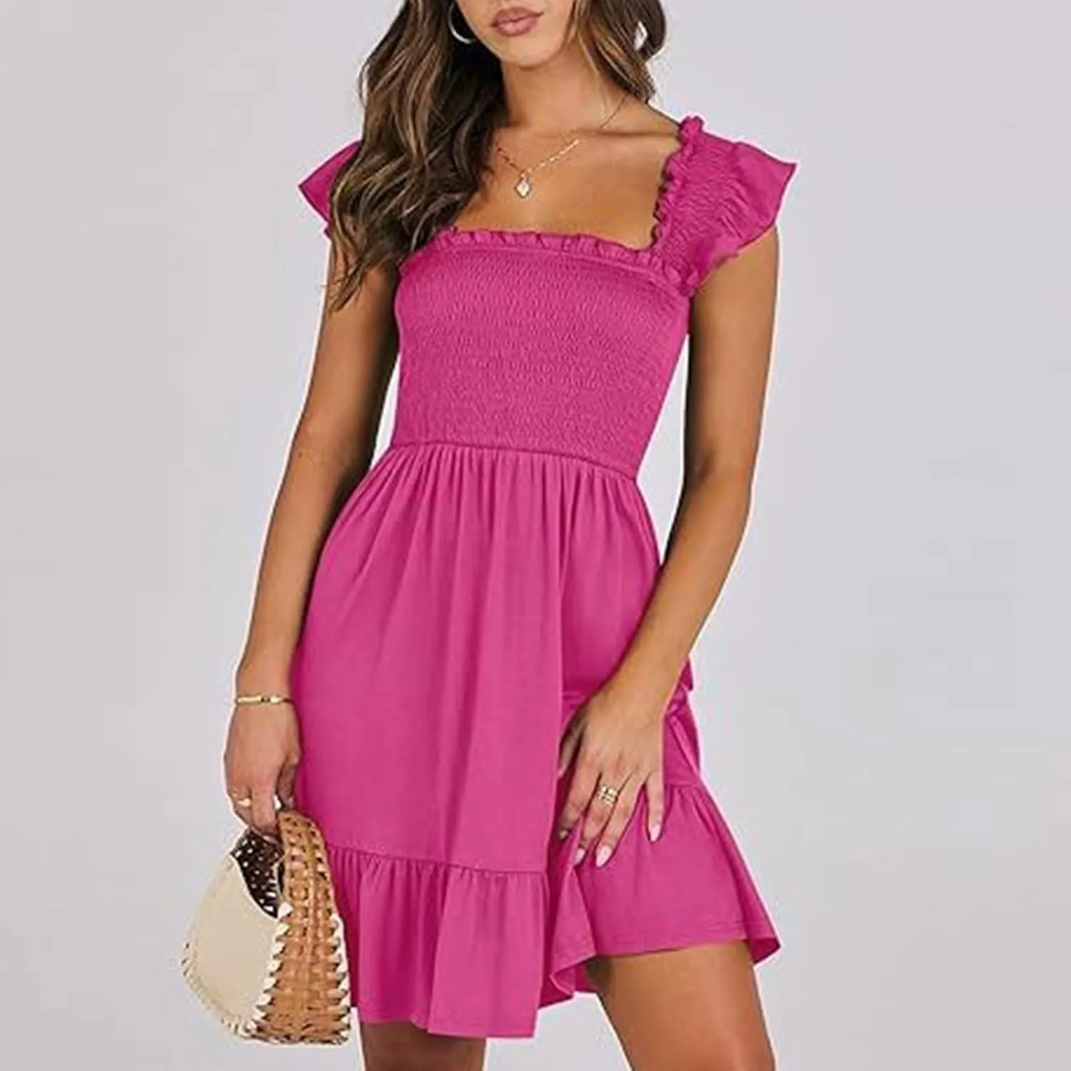 Summer Dresses for Women, Women's Casual Square Neck Ruffle Sleeve Bohemian Smocked A Line Swing Mini Dress Party Sundresses