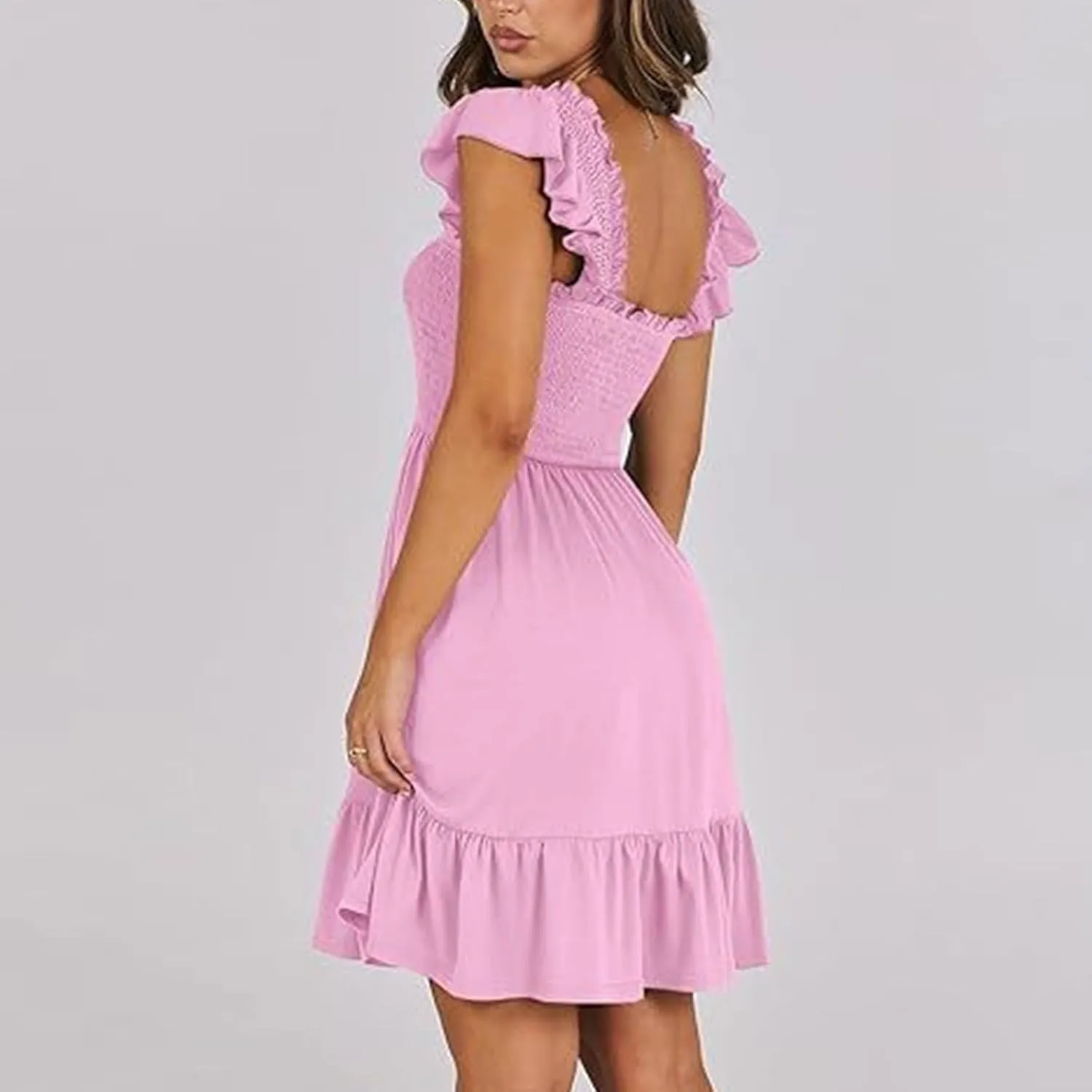 Summer Dresses for Women, Women's Casual Square Neck Ruffle Sleeve Bohemian Smocked A Line Swing Mini Dress Party Sundresses
