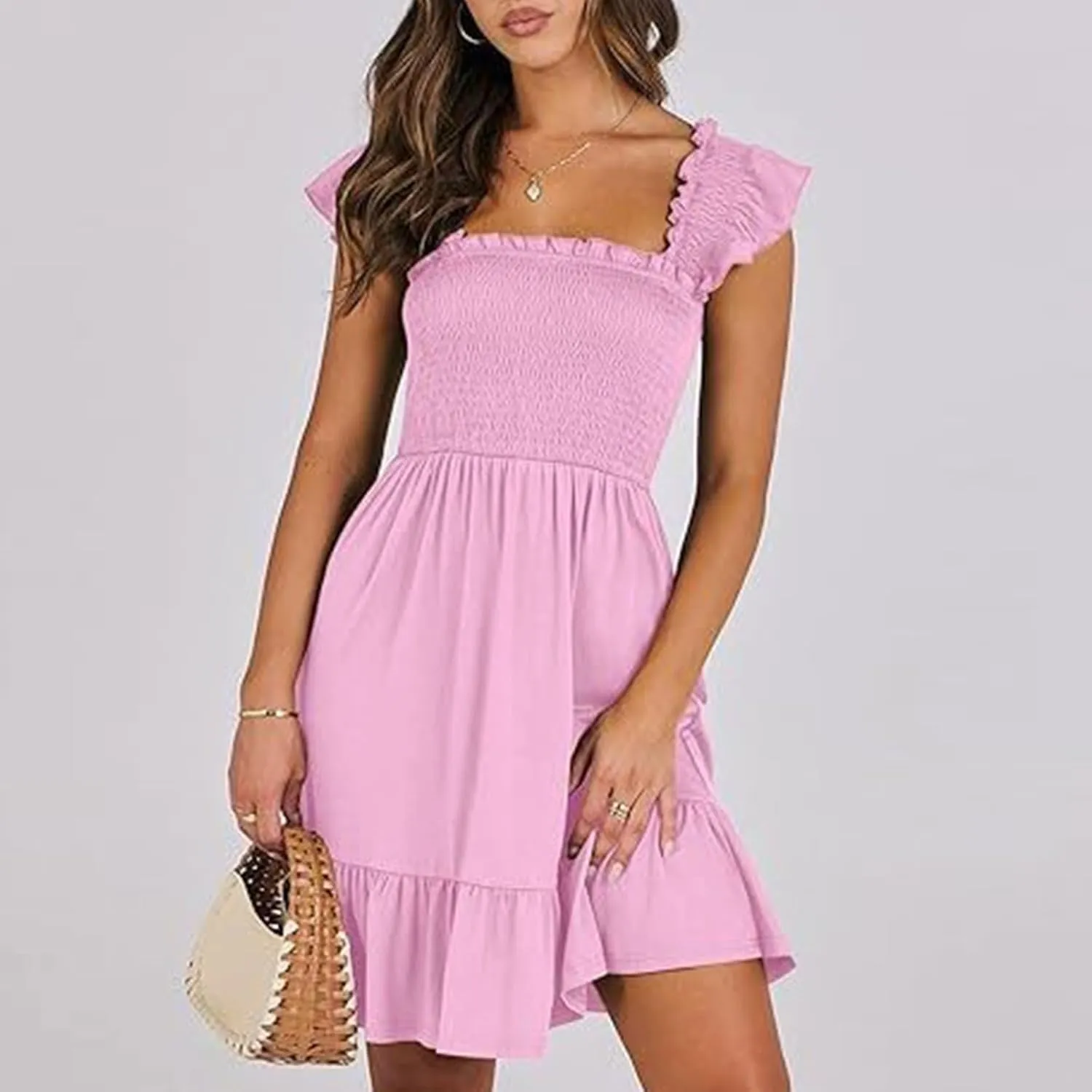 Summer Dresses for Women, Women's Casual Square Neck Ruffle Sleeve Bohemian Smocked A Line Swing Mini Dress Party Sundresses