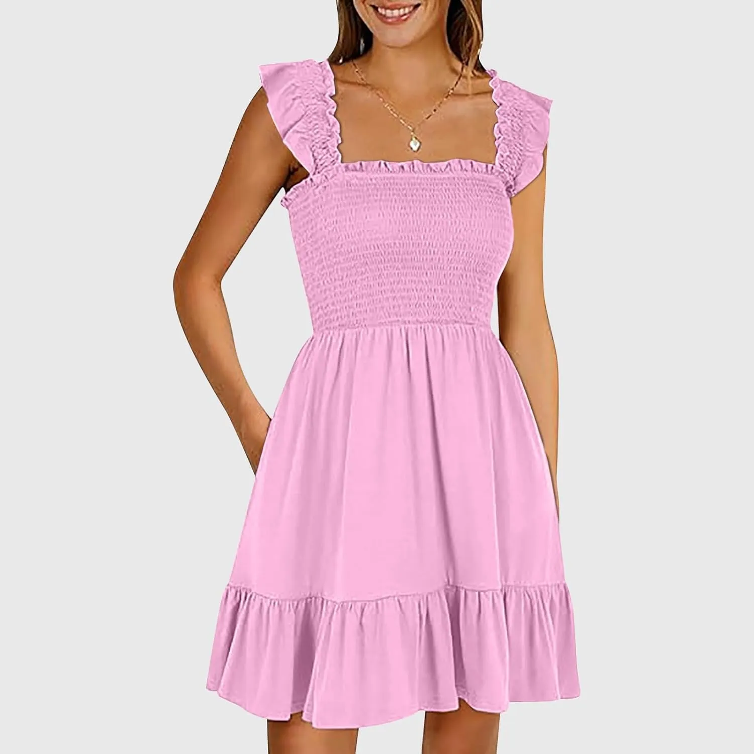 Summer Dresses for Women, Women's Casual Square Neck Ruffle Sleeve Bohemian Smocked A Line Swing Mini Dress Party Sundresses
