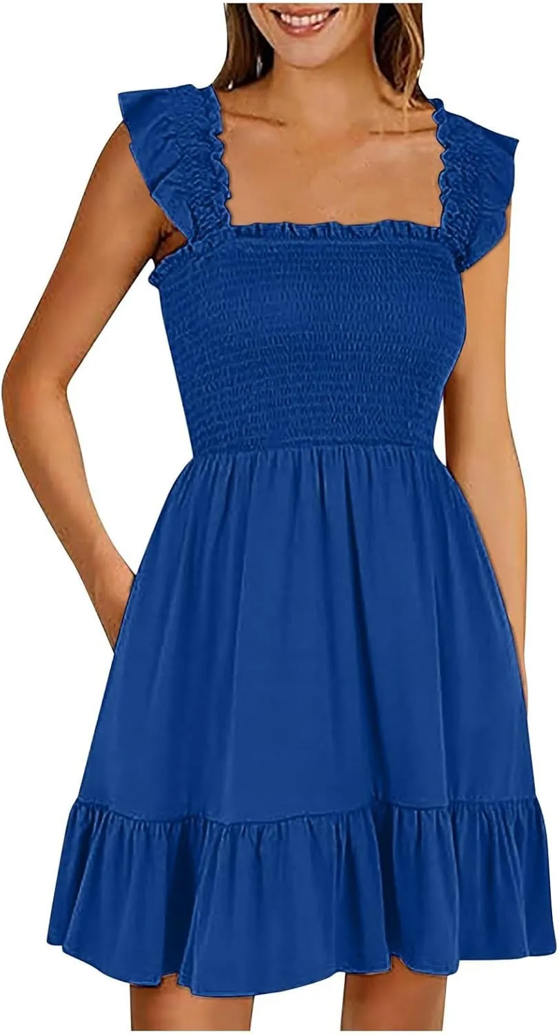 Summer Dresses for Women, Women's Casual Square Neck Ruffle Sleeve Bohemian Smocked A Line Swing Mini Dress Party Sundresses