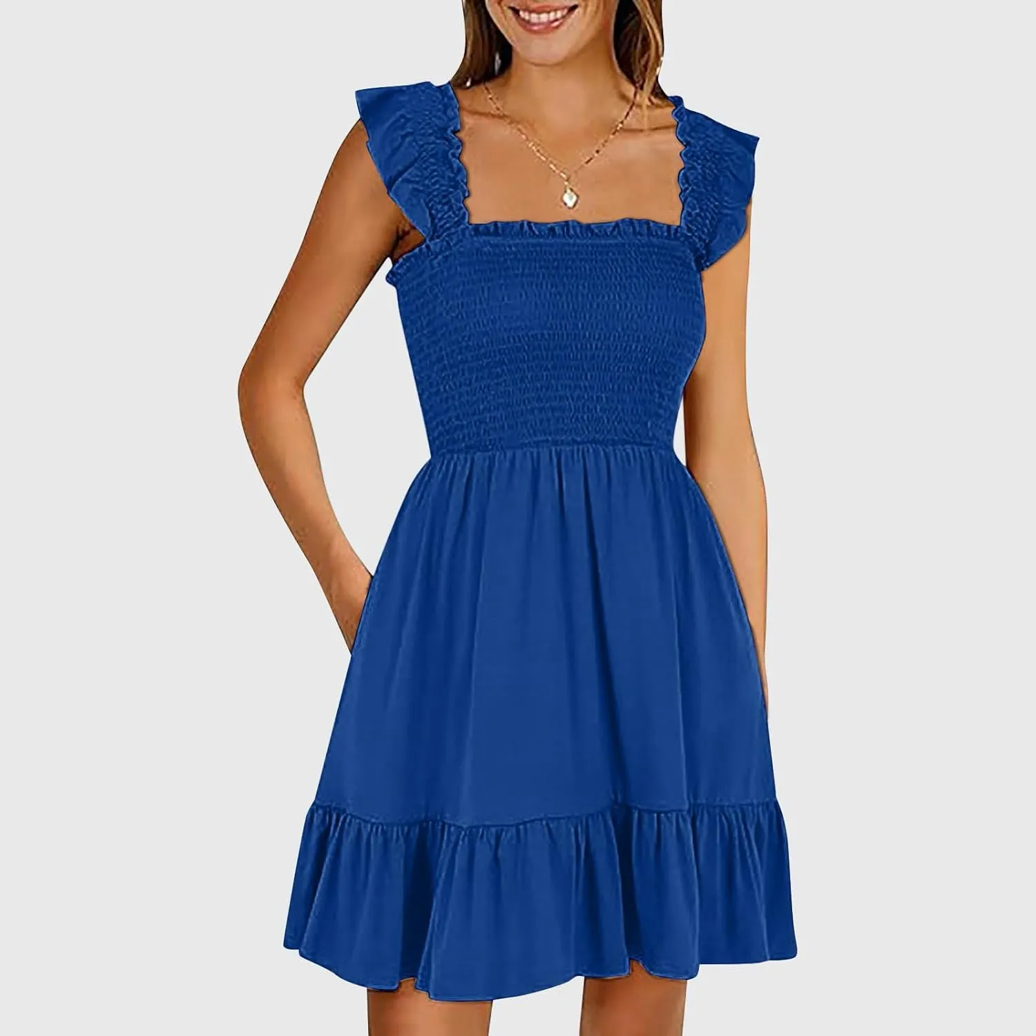 Summer Dresses for Women, Women's Casual Square Neck Ruffle Sleeve Bohemian Smocked A Line Swing Mini Dress Party Sundresses