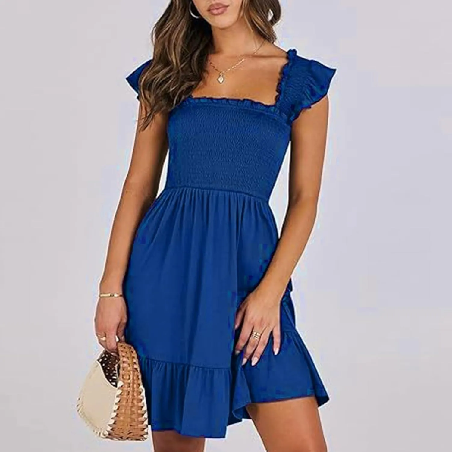 Summer Dresses for Women, Women's Casual Square Neck Ruffle Sleeve Bohemian Smocked A Line Swing Mini Dress Party Sundresses