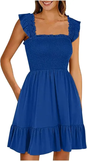Summer Dresses for Women, Women's Casual Square Neck Ruffle Sleeve Bohemian Smocked A Line Swing Mini Dress Party Sundresses