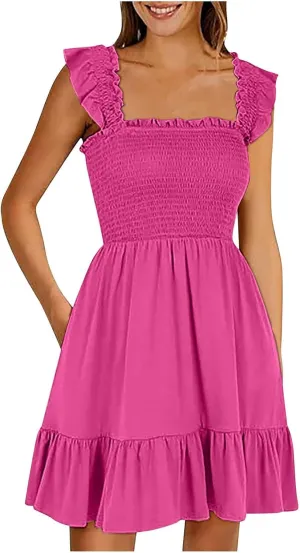 Summer Dresses for Women, Women's Casual Square Neck Ruffle Sleeve Bohemian Smocked A Line Swing Mini Dress Party Sundresses
