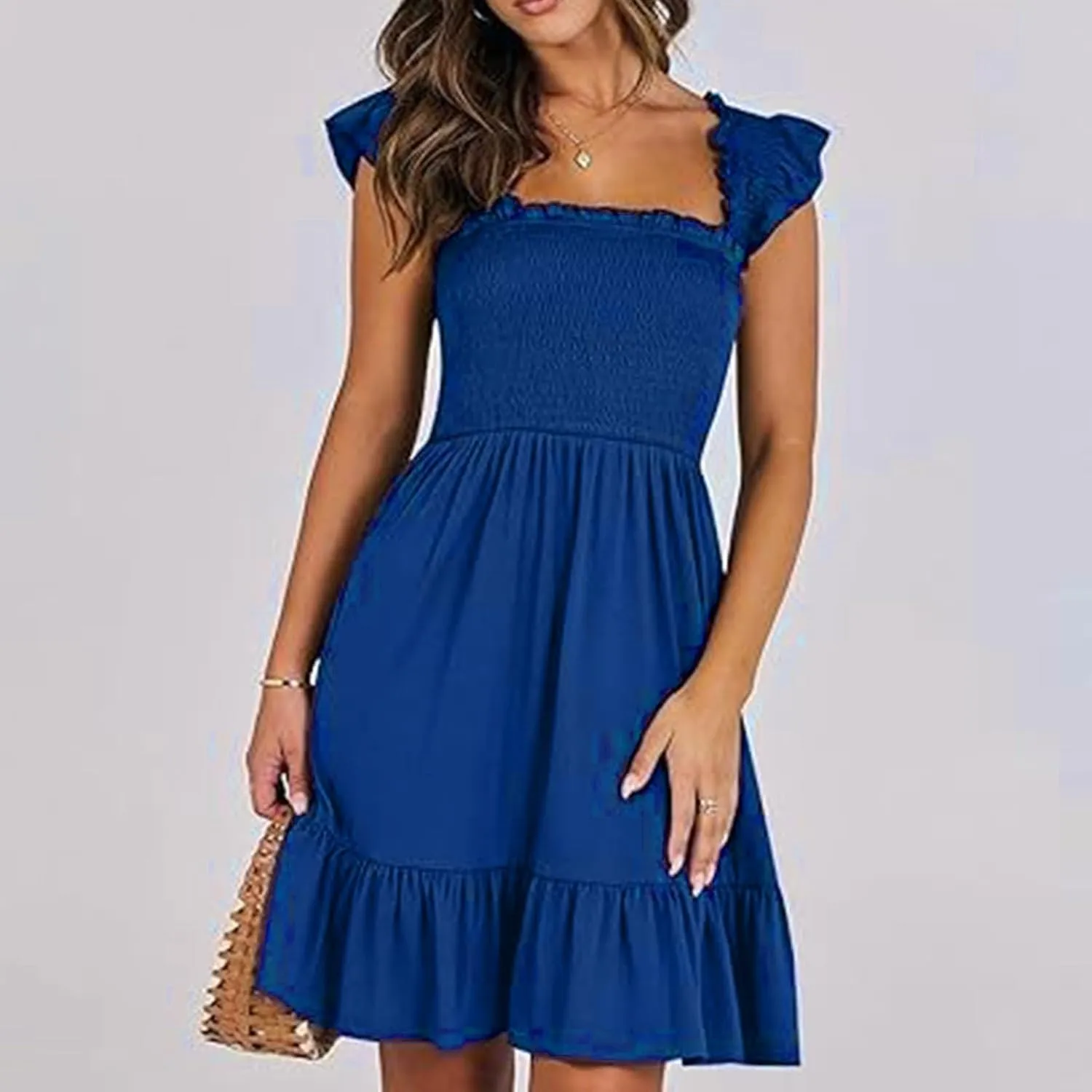 Summer Dresses for Women, Women's Casual Square Neck Ruffle Sleeve Bohemian Smocked A Line Swing Mini Dress Party Sundresses