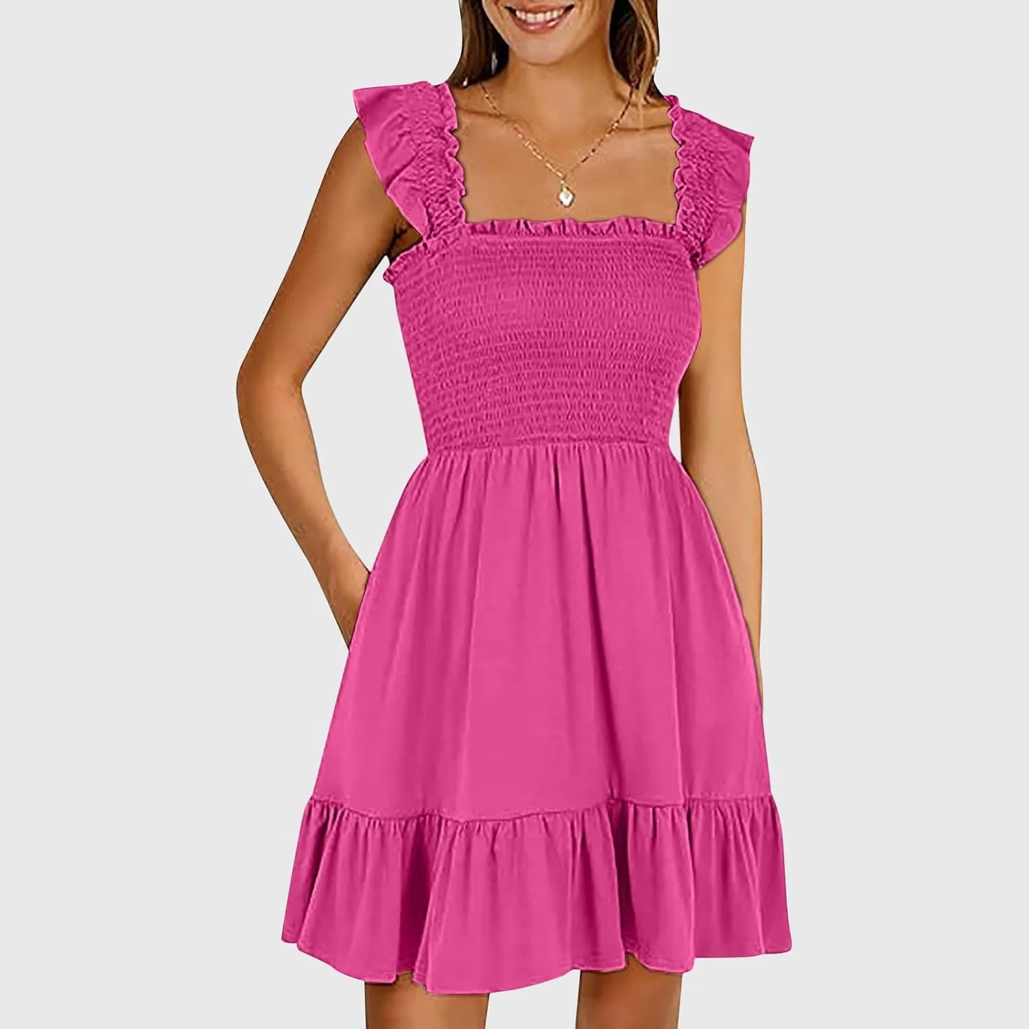 Summer Dresses for Women, Women's Casual Square Neck Ruffle Sleeve Bohemian Smocked A Line Swing Mini Dress Party Sundresses