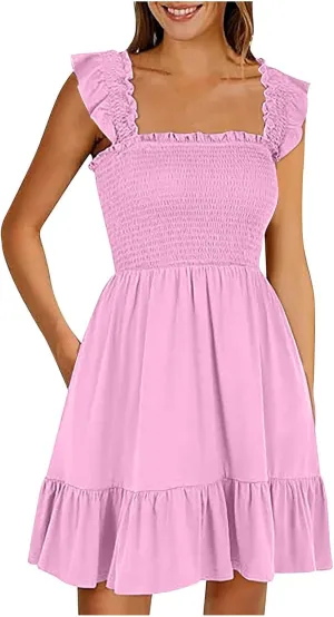 Summer Dresses for Women, Women's Casual Square Neck Ruffle Sleeve Bohemian Smocked A Line Swing Mini Dress Party Sundresses