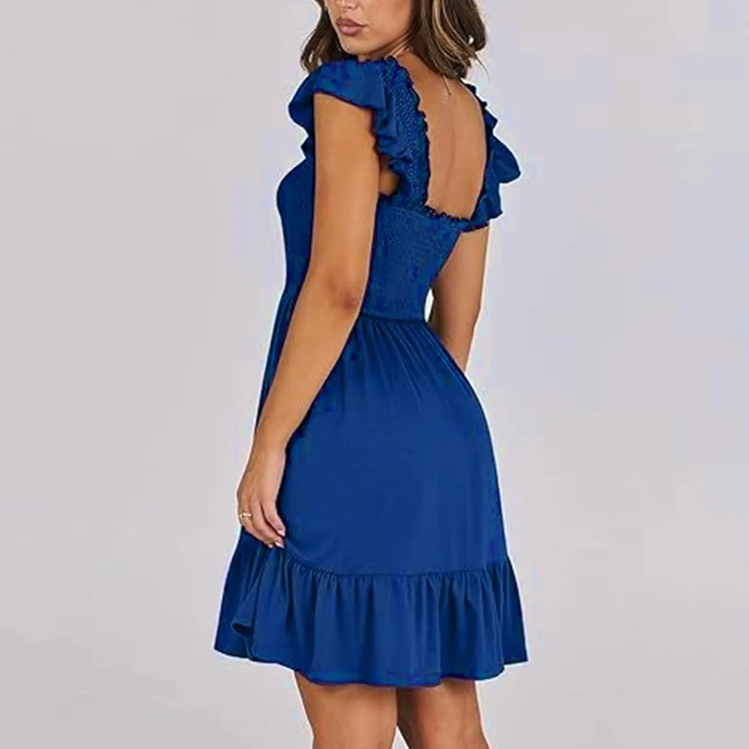Summer Dresses for Women, Women's Casual Square Neck Ruffle Sleeve Bohemian Smocked A Line Swing Mini Dress Party Sundresses