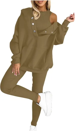 Sweatsuit Set for Women 3 Piece Oversized Outfits Button Hoodie Tank Top Long Pants Matching Lounge Set with Pockets