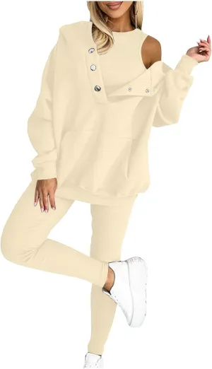 Sweatsuit Set for Women 3 Piece Oversized Outfits Button Hoodie Tank Top Long Pants Matching Lounge Set with Pockets