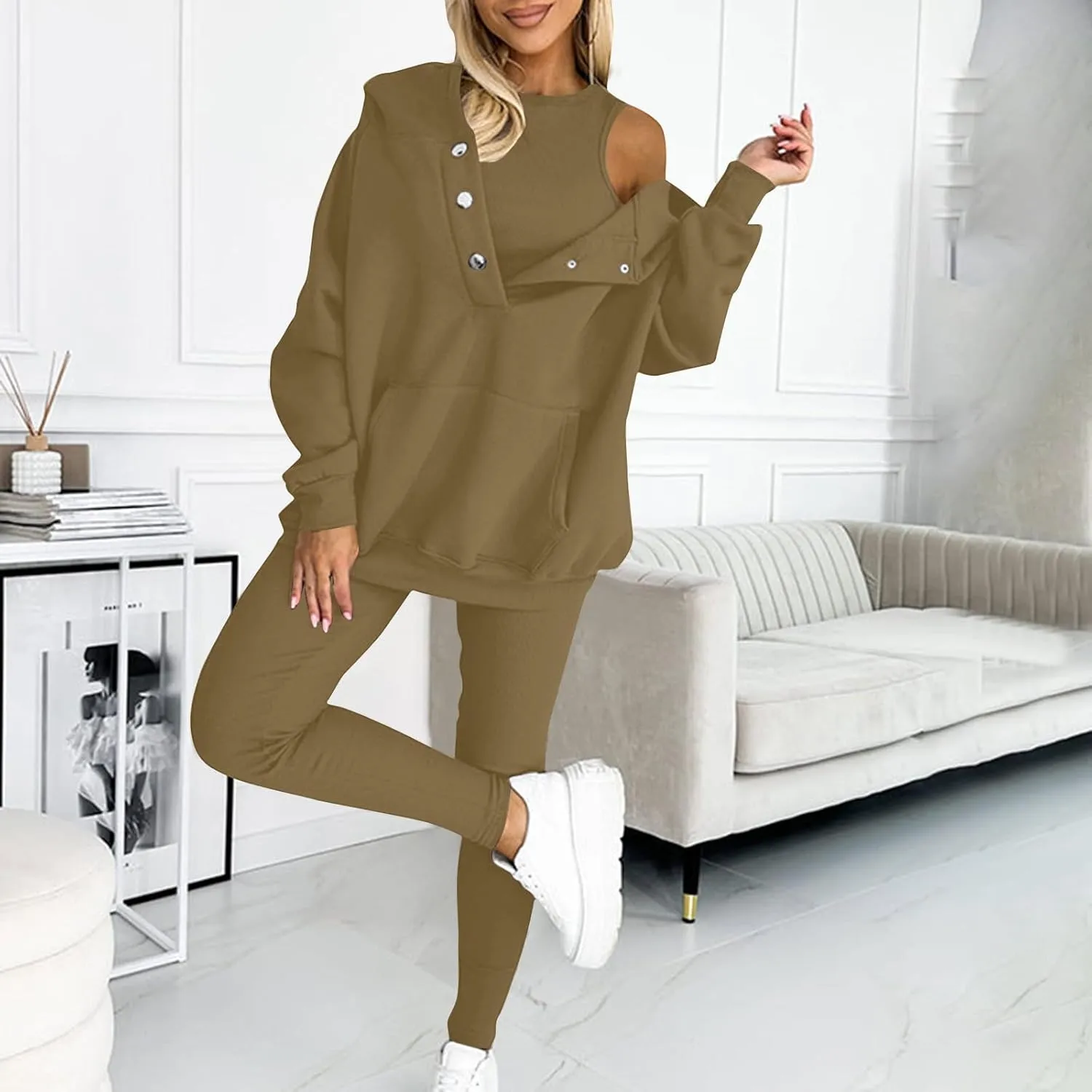 Sweatsuit Set for Women 3 Piece Oversized Outfits Button Hoodie Tank Top Long Pants Matching Lounge Set with Pockets