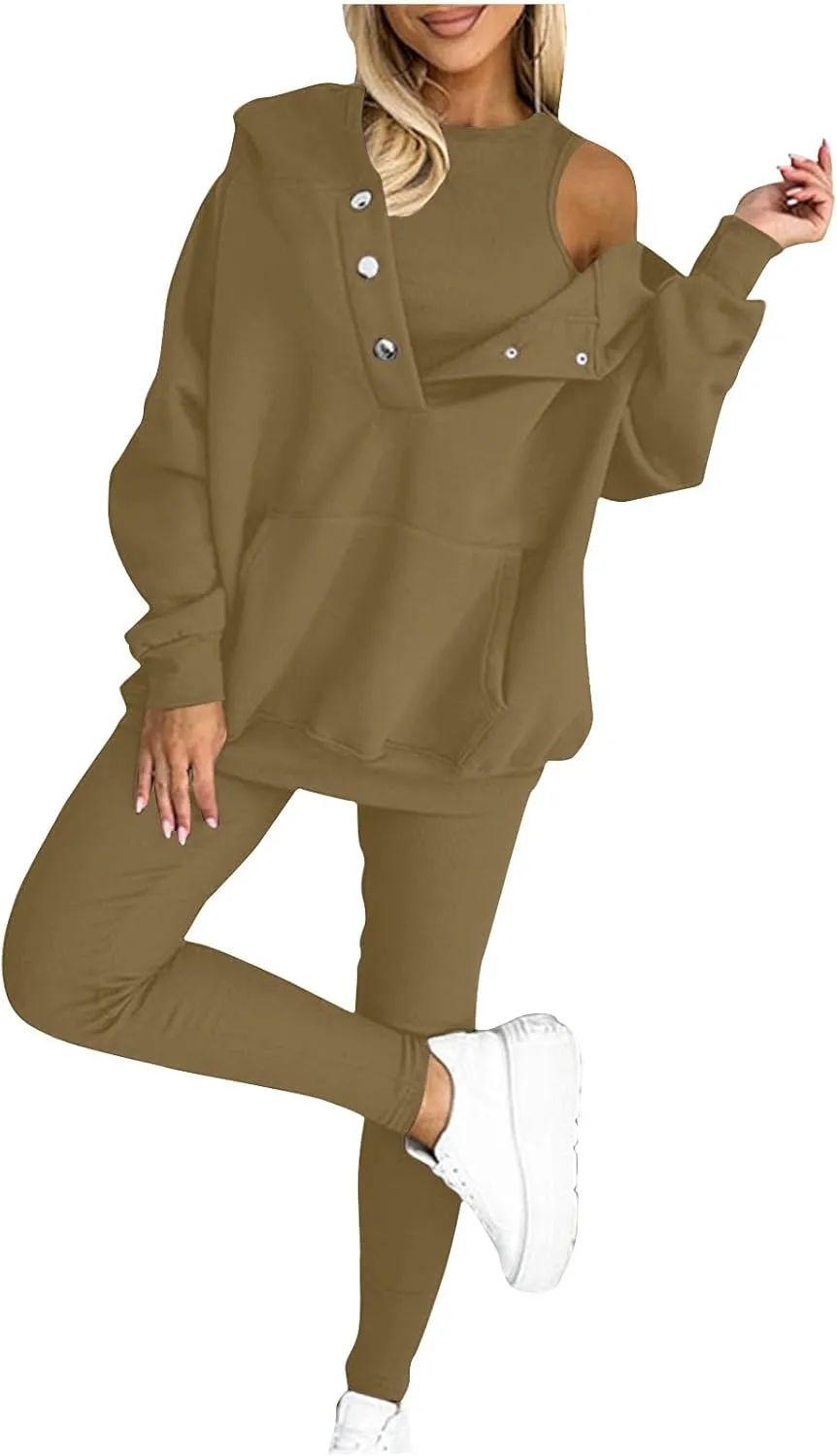 Sweatsuit Set for Women 3 Piece Oversized Outfits Button Hoodie Tank Top Long Pants Matching Lounge Set with Pockets