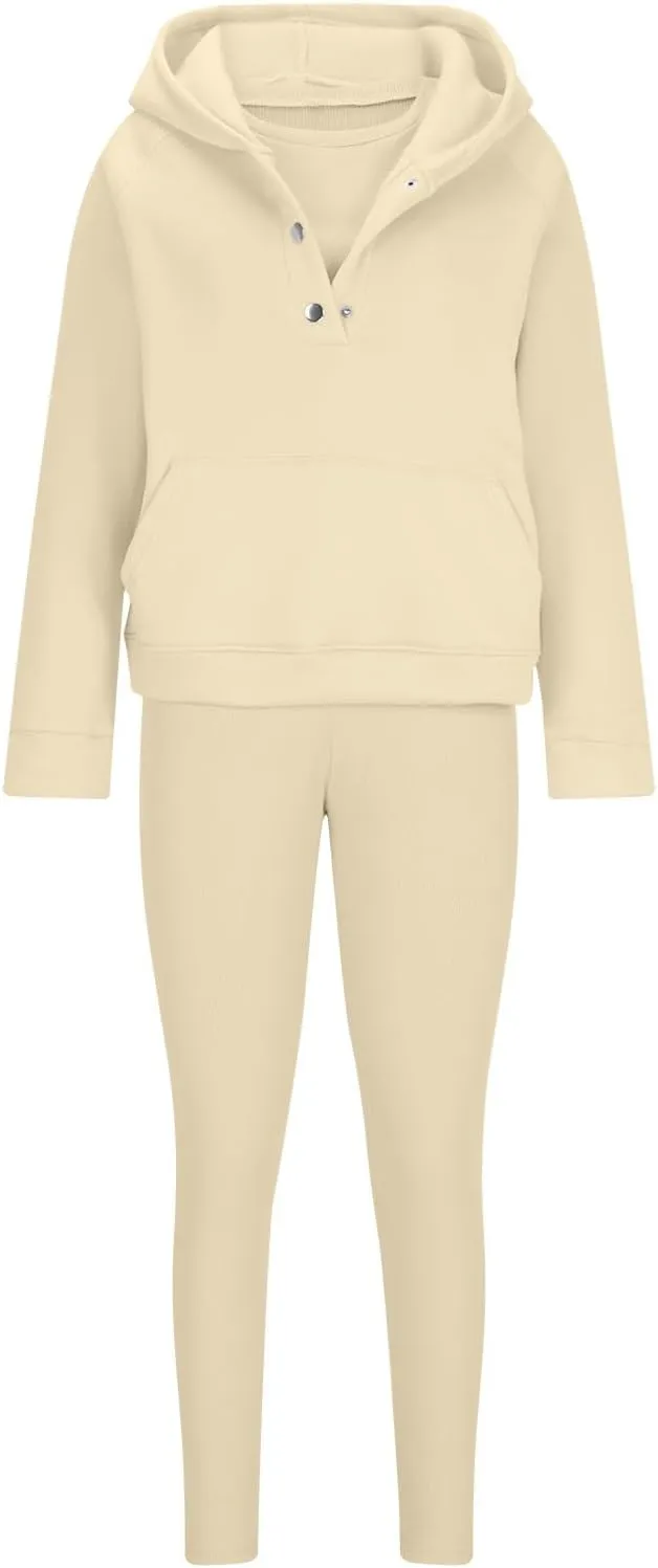 Sweatsuit Set for Women 3 Piece Oversized Outfits Button Hoodie Tank Top Long Pants Matching Lounge Set with Pockets