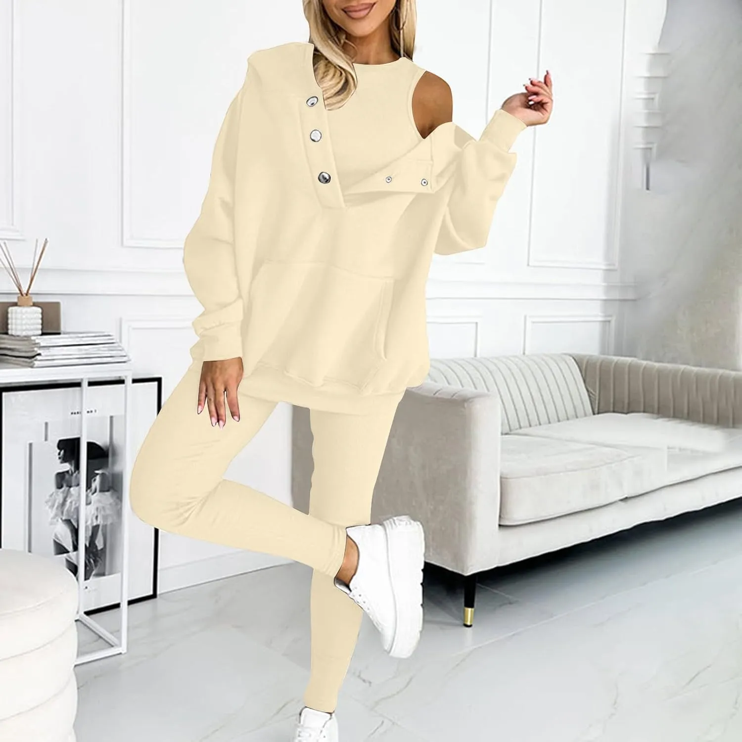 Sweatsuit Set for Women 3 Piece Oversized Outfits Button Hoodie Tank Top Long Pants Matching Lounge Set with Pockets