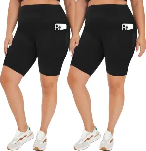 TNNZEET 2 Pack Plus Size Biker Shorts for Women - 8" Black High Waisted Tummy Control Spandex Workout Shorts (XL-4XL)