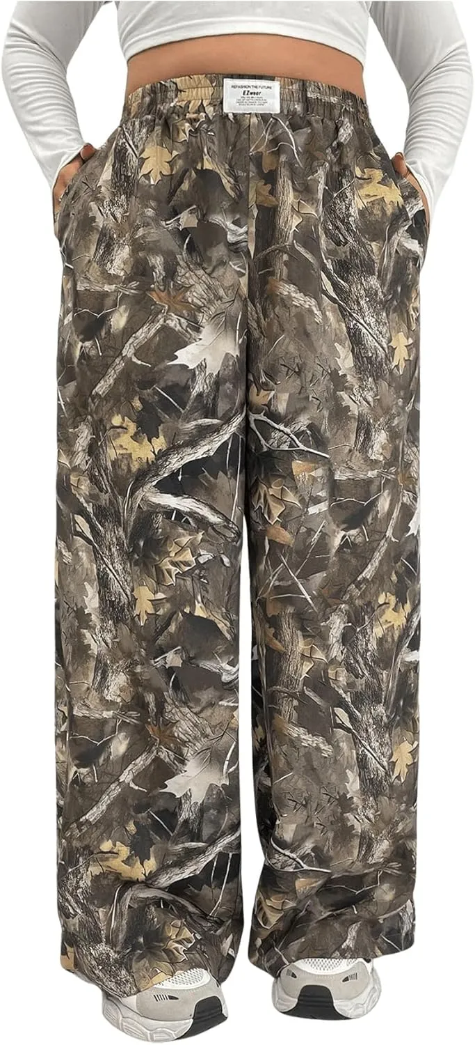 WDIRARA Women's Plus Size Camo Pants Elastic Waist Wide Leg Camouflage Loose Casual Trousers