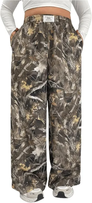 WDIRARA Women's Plus Size Camo Pants Elastic Waist Wide Leg Camouflage Loose Casual Trousers