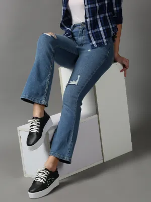 Women Blue Bootcut Mildly Distressed Light Fade Stretchable Denim Jeans