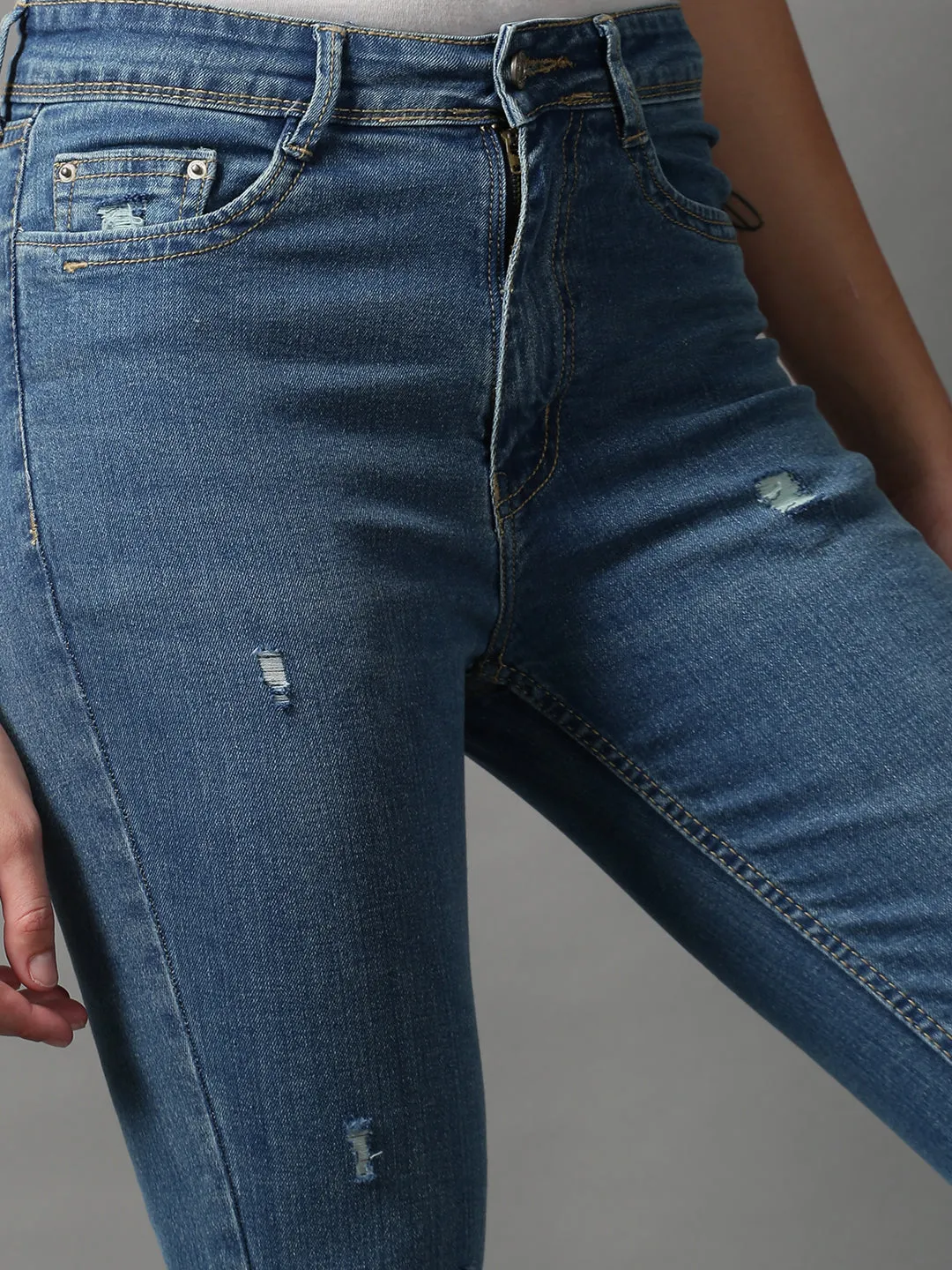 Women Blue Bootcut Mildly Distressed Light Fade Stretchable Denim Jeans