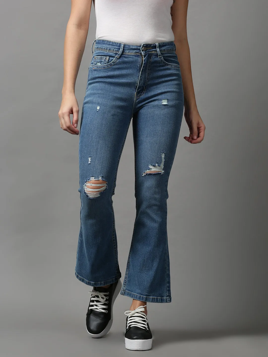Women Blue Bootcut Mildly Distressed Light Fade Stretchable Denim Jeans