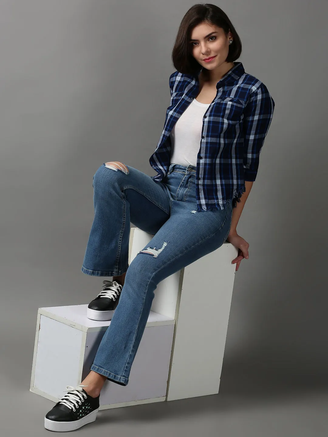 Women Blue Bootcut Mildly Distressed Light Fade Stretchable Denim Jeans
