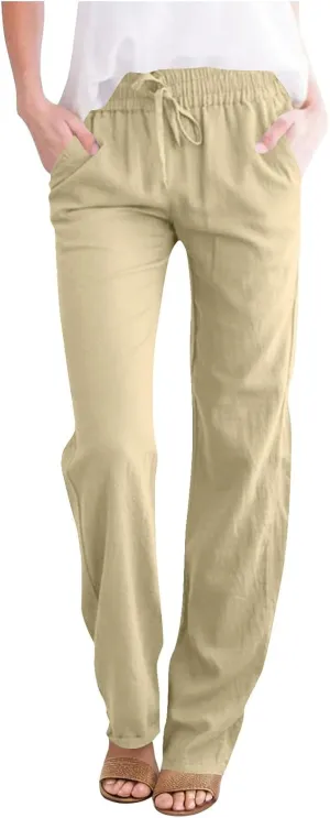 Women Casual Long Pants with Pockets Drawstring Elastic Waist Straight Leg Trousers 2025 Spring Summer Outfits