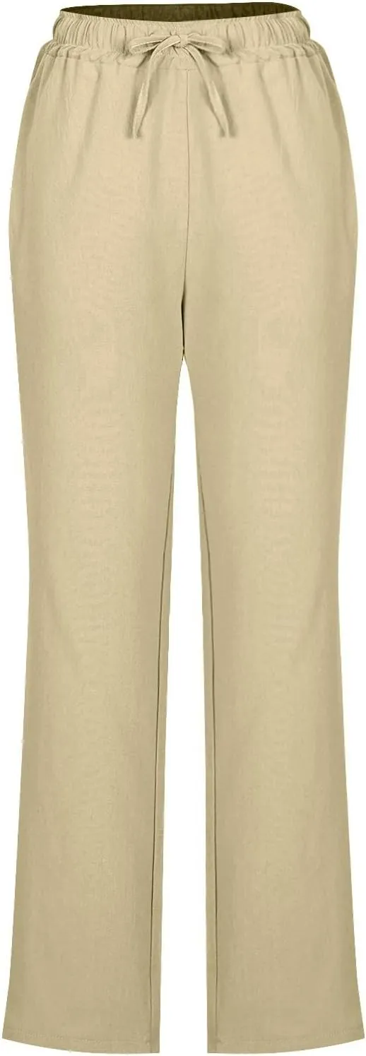 Women Casual Long Pants with Pockets Drawstring Elastic Waist Straight Leg Trousers 2025 Spring Summer Outfits