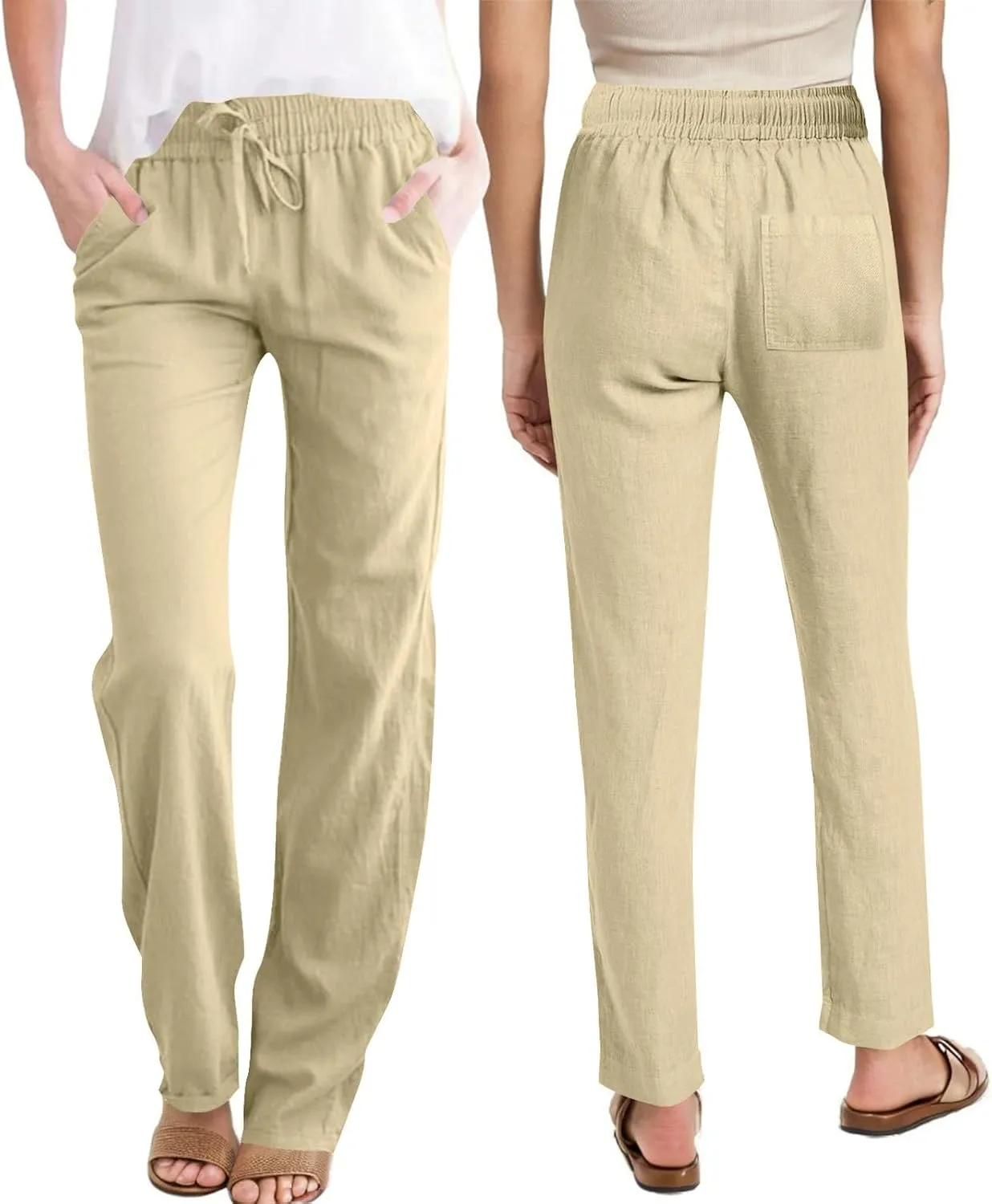 Women Casual Long Pants with Pockets Drawstring Elastic Waist Straight Leg Trousers 2025 Spring Summer Outfits