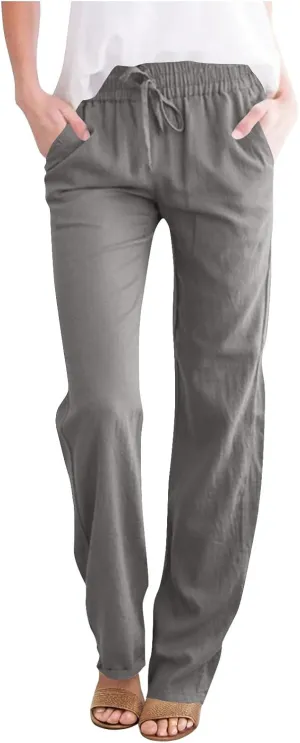 Women Casual Long Pants with Pockets Drawstring Elastic Waist Straight Leg Trousers 2025 Spring Summer Outfits