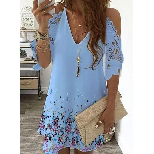 Women Summer Casual V-Neck Print Floral Dress
