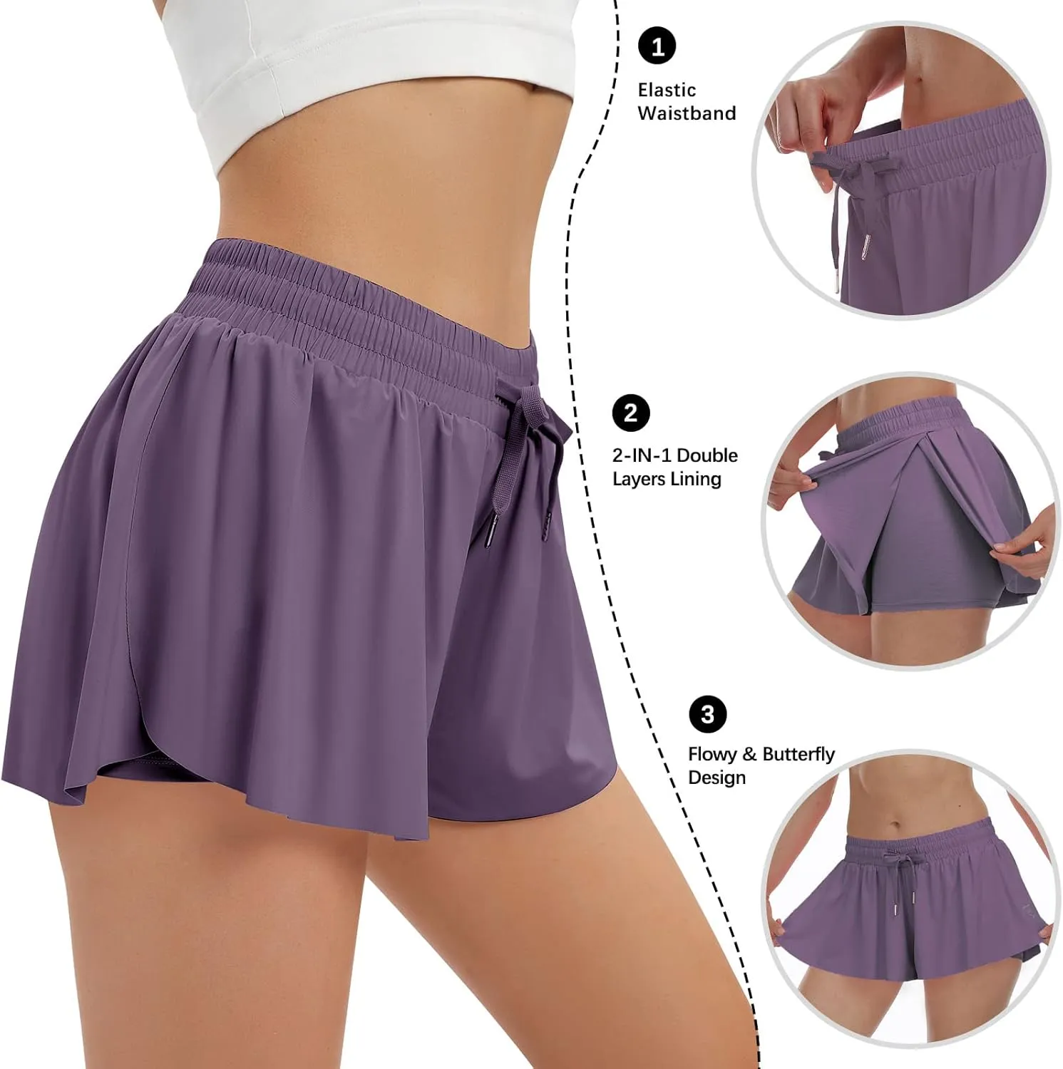 Womens 2 in 1 Flowy Athletic Shorts with Pocket Butterfly Running Workout Shorts Sweat Spandex Lounge Gym Yoga Summer Skirts
