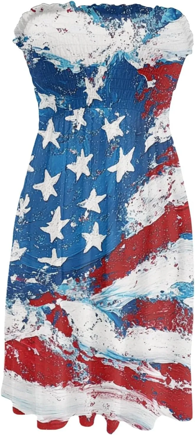 Women's 4th of July American Flag Printed Sheath Patriotic Dress Mini A-line Strapless Beach Sundress