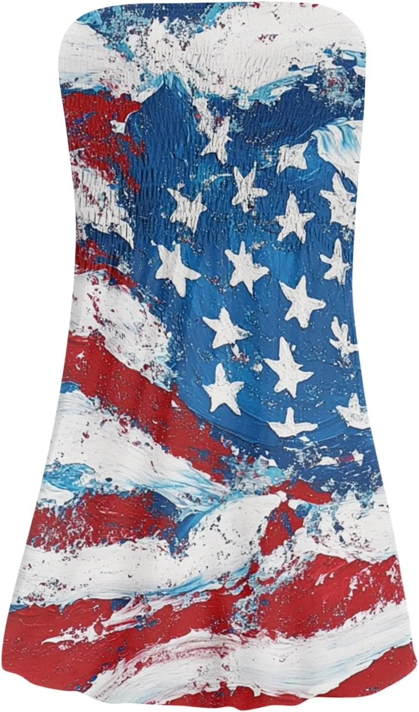 Women's 4th of July American Flag Printed Sheath Patriotic Dress Mini A-line Strapless Beach Sundress