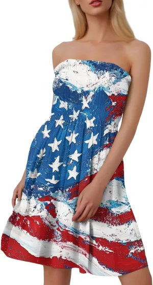 Women's 4th of July American Flag Printed Sheath Patriotic Dress Mini A-line Strapless Beach Sundress